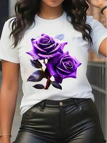 Camiseta de mujer de manga corta casual con estampado gráfico de rosas moradas, cuello redondo, top de verano, ropa urbana, blusa holgada de ajuste suelto - Blanco - Ver 1