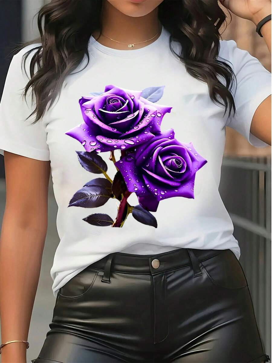 Camiseta de mujer de manga corta casual con estampado gráfico de rosas moradas, cuello redondo, top de verano, ropa urbana, blusa holgada de ajuste suelto - Blanco - Ver 1