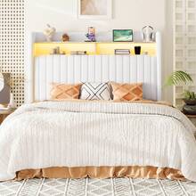 Allewie Full/Queen/King Size Lift Up Hydraulic Storage Bed Frame, 2-Tier Shelf Headboard With LED Lights And Charging Station, USB And Type C Ports, Wingback Velvet Headboard, No Box Spring Needed, White - 查看 7