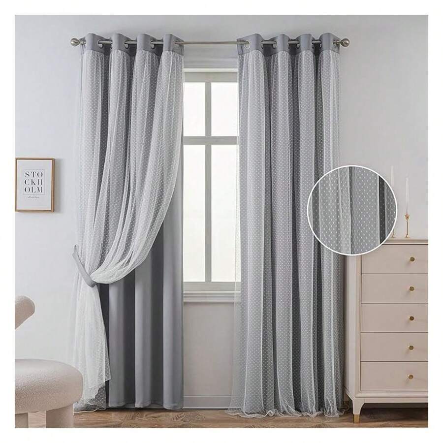 Blackout Curtains 70% Room Darkening - Grey Polka Dot Sheer, 52x95 Inch, 2 Panels With Grommets - Bedroom Decor For - 如圖19 - 查看 1