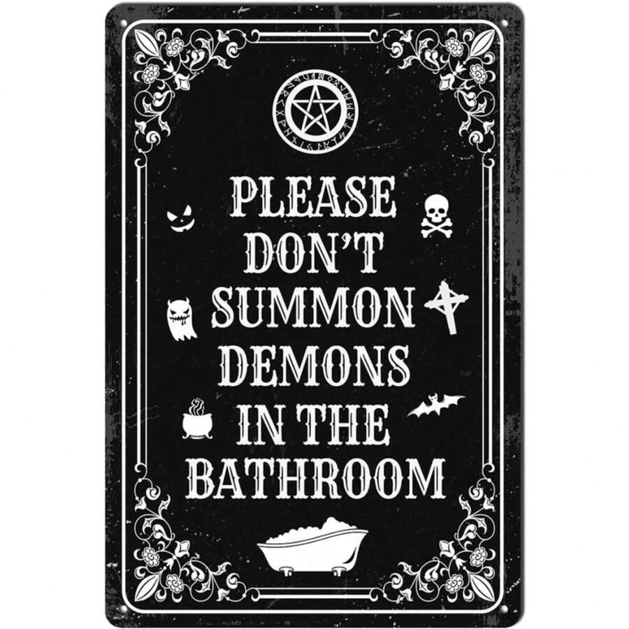 2026POBBUK Halloween "Please Don't Summon Demons In The Bathroom" Metal Sign - Funny Dark Humor Goth Witchy Bathroom Wall Decor - màu sắc - Xem 1