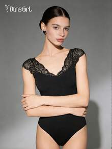 DonsGirl 1 件女式 V 领蕾丝袖舞蹈紧身衣，性感蕾丝拼布修身紧身衣