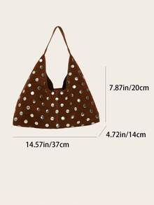 时尚亮片铆钉朋克风大容量单肩包，女士款 - 棕色 - 查看 5