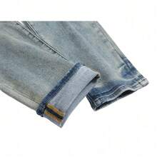 Vaqueros Retro de Calidad Superior para Hombres con Estilo Streetwear, Pantalones Slim Tapered con Efecto Whisker de  Urbanas, Denim Vintage Confortable y Adaptable - Gris - Ver 10