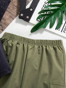 2pcs/Set Young Boys Cartoon Print Black Short Sleeve Top + Casual Cargo Pants - Black - View 6