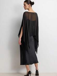 Women's Elegant And Fashionable Soft Shawl Top, Solid Color Boat Neck Loose Transparent Asymmetrical Hem Shawl Top, Suitable For Concerts, Parties, Daily Life - màu đen - Xem 2