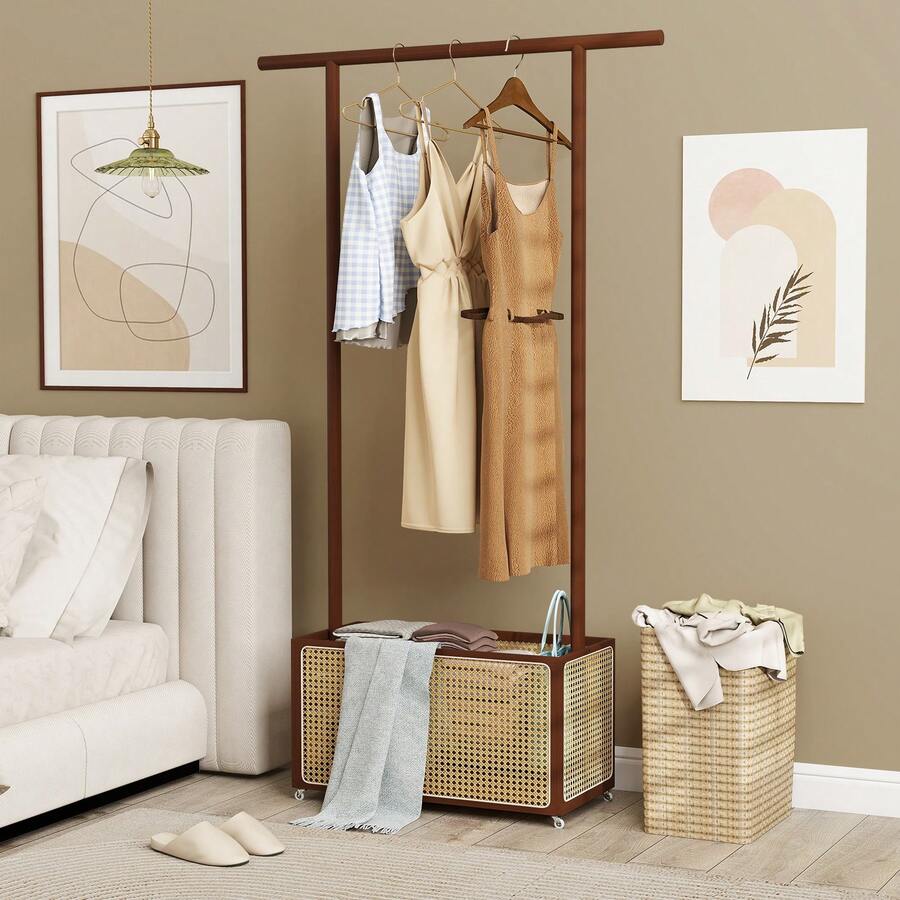 COSTWAY Bamboo Clothes Rack, Coat Hanger Stand With Rattan Storage Basket & Wheels, Rolling Garment Rack, 2-In-1 Clothing Hanging Rail For Hallway Living Room Bedroom, Brown/Natural - Brown - View 1