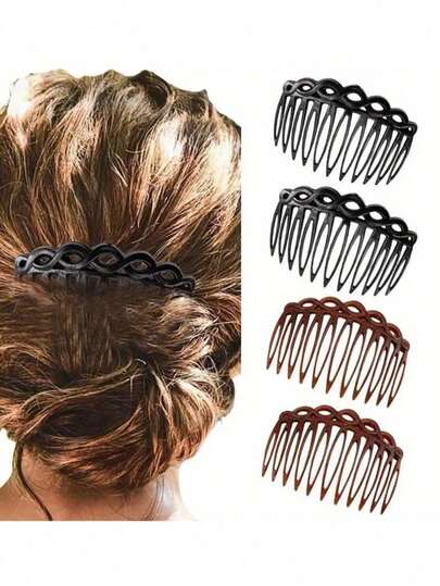 5pcs Vintage Woven 11-Tooth Deep Coffee Plastic Hair Comb, Octagonal Side Comb, Minimalist French Side Comb - Non-Slip, Strong Grip, Easy To Create Voluminous Styles | 11-Tooth Design, Suitable For Curly And Regular Hair | Black And Hair Accessories