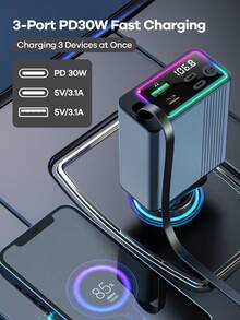 REMAX 藍牙車用充電器，配備 RGB 燈光與 29 英吋可伸縮線纜，支援 PD 30W 快充，藍牙 5.3，支援免手持通話/音樂播放，自動重新連接，Type-C 介面，相容 Apple/Android 手機，汽車配件，汽車用品，旅行必備 - C77 - 查看 5