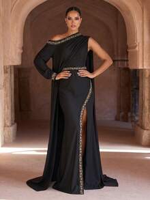 奢华亮片点缀黑色长款晚礼服，高开衩设计，阿拉伯风格长袍，卡夫坦长袍，端庄优雅长袍，女士阿拉伯连衣裙，派对礼服，婚礼宾客礼服，正式礼服