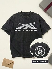 Shooting Star Logo Graphic Tee Unisex Couple Matching Boyfriend Style Hell Star Y2K Streetwear Aesthetic Acid Washed Cotton Graphic Tees Men Oversized T Shirt Summer Outfits Camisetas Para Hombre - 黑色 - 查看 1