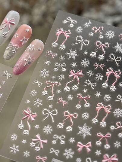 1pc Winter Pink Snowflake Bow Embossed Sweet Ribbon Snow Crystal 5D Nail Art Stickers Romantic Frosty Nail Decals Self-Adhesive Manicure Accents For Girls And Women