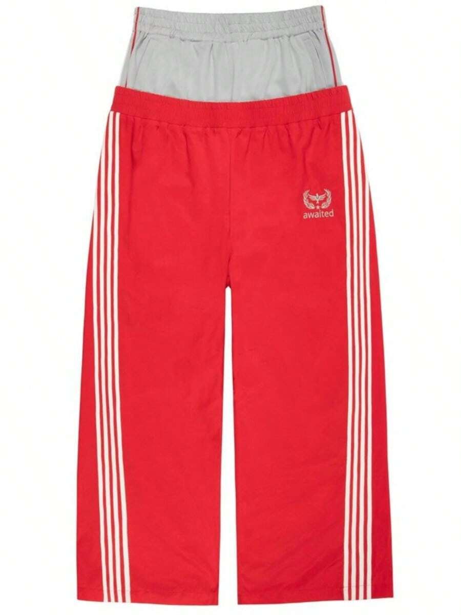 Y2K Oversized Wide Leg Track Pants - Striped Graphic Streetwear - Đỏ - Xem 1