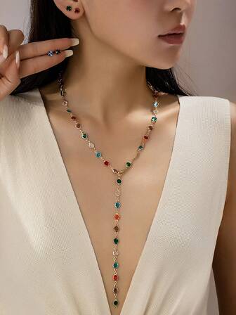 Set de 8 piezas de aretes de piedras preciosas (de vidrio) minimalistas de colores variados y 1 pieza de collar largo de colores variados, adecuado para uso diario de mujeres y como regalo para fiestas