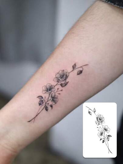1片PVC材质手绘线条花卉临时纹身贴纸，防水防汗可水洗持久，艺术花卉手臂纹身贴纸，仿墨水纹身