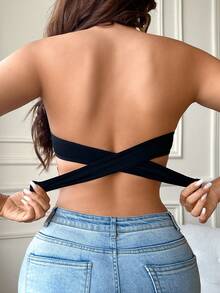 女士无肩带文胸，侧边纽扣设计，无衬垫，蕾丝边饰 - 适合日常穿着及特殊场合（仅限手洗） - 黑色 - 查看 2