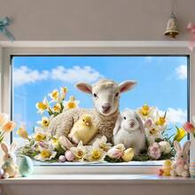 1/2pcs Spring Window Sticker Farm Animal Sheep Chick Rabbit With Daffodil Flower Design Removable Static Clings For Home Bedroom Glass Decor Festival Party Supplies Prop