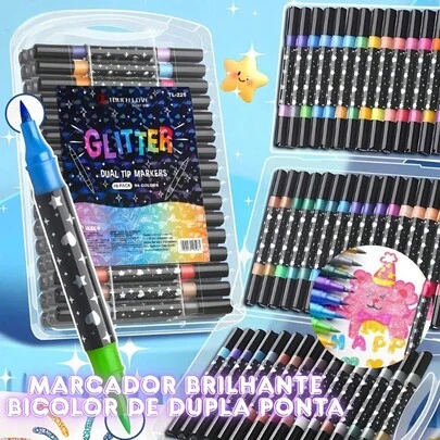 Caneta Marcadora Glitter Dupla Ponta 1/12/24/36/48/72/96 Cores Arte, Escola, Planner, Desenho Marcador Metálico
