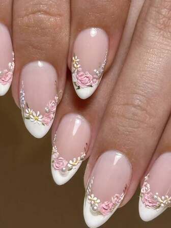 Monina 24 st. Romantiska blommiga mandelformade lösnaglar, färgglada blommor, fräscha och naturliga, eleganta, feminina, flickiga, söta stilar, oumbärliga för vardagsbruk