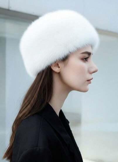 CHICVUE 1顶超大号人造毛皮平顶帽，保暖蒙古风冬季帽，带毛皮饰边