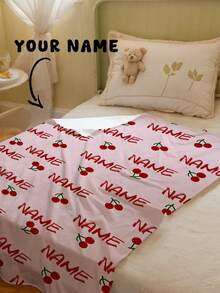 1pc Customizable Text Family Blanket, Cherry Pattern, Memorial Blanket. Suitable As A Gift For Girls, Boys, Adults, Valentine's Day, Lightweight, Baby Blanket, Applicable For Home Sofa, Bed, Car, Bedroom, Living Room - Multicolor - View 4