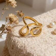 1pc Minimalist Criss-Cross Line Stainless Steel Gold-Plated Adjustable Open Ring, Everyday Wear & Holiday Gift