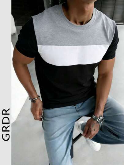 GRDR 1 pieza Camiseta de manga corta de cuello redondo con contraste de color casual para hombre, estilo de negocios, verano