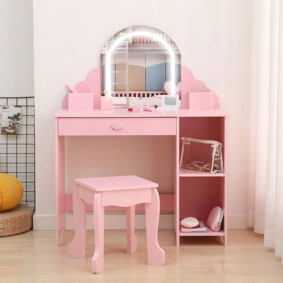 Tocador Infantil 2 en 1 con Espejo Iluminado | Mesa de Maquillaje para Niñas 3-9 Años con Cajón, Estantes y Banco - color: rosa - Ver 1