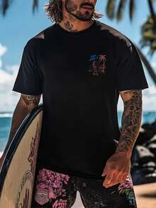 男士休闲沙滩冲浪主题印花短袖T恤，舒适透气，适合夏季穿着，款式时尚 - 黑色 - 查看 3