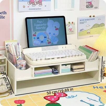 多功能电脑显示器增高架，旨在抬高办公桌抽屉，增加存储空间，并可用作桌面搁板的抬高平台。