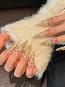 Press On Nails, Regal Rogue Mob Wife Nails, Long Stiletto Shining Rhinestone Element Glossy Gel Finish Nails,Hand-Drawn And Made, With Nail Art Pasting Tools - Vàng - Xem 2