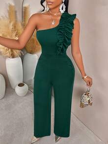 AIJ Amarilo 春夏新款时尚深祖母绿女士荷叶边弹力连体裤 - 修身上衣搭配阔腿裤，带口袋 - 优雅装扮，适合约会之夜/鸡尾酒会/正式晚宴 - 綠色 - 查看 6