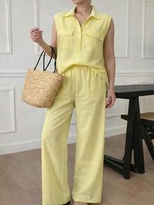 A&DD MODA, REF: AS1923 - Women's Set Consisting Of A Sleeveless Blouse And Pants. The Blouse Has A High V-Neck And Pockets; The Pants Have A Straight Cut, Elastic Waistband And Pockets, Ideal For Everyday Wear, With A Very Casual Style. - 黃色 - 查看 5