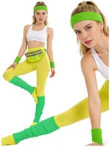 Set de 10 accesorii sport retro anii '80, inclusiv geantă de talie, bandă de susținere, bandă de încheietură, jambiere, ochelari, cercei, colier, potrivit pentru femei care participă la petreceri tematice anii '80, evenimente cosplay și baluri mascate, costum de Ziua Îndrăgostiților - Roz fierbinte - Vizualizare 4