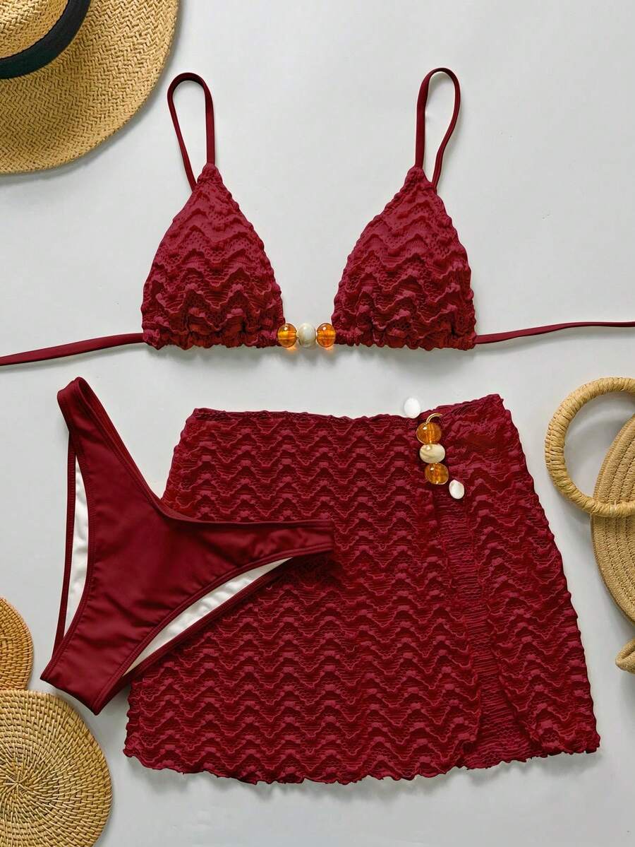 Bikinx 2026 Summer 3pcs Women's Wave Pattern Halterneck Sexy Bikini Tankini Suit With Cover-Up Fairy Skirt For Beach Vocation - 紅色 - 查看 1