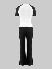 LovelyWholesale 女士运动撞色T恤和喇叭裤两件套，夏季套装，黑色 - 黑色 - 查看 7