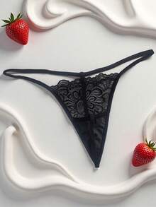 AB. 女士时尚性感蕾丝花卉透明丁字裤 - 黑色 - 查看 5