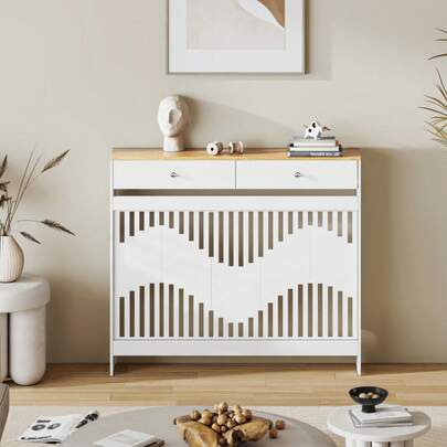 Radiator Cover With Drawers, White Wooden Radiator Shelf Pipe Covers Cabinet With Wavy Grill For Living Room Bedroom Hallway, 109Lx19Wx95Hcm