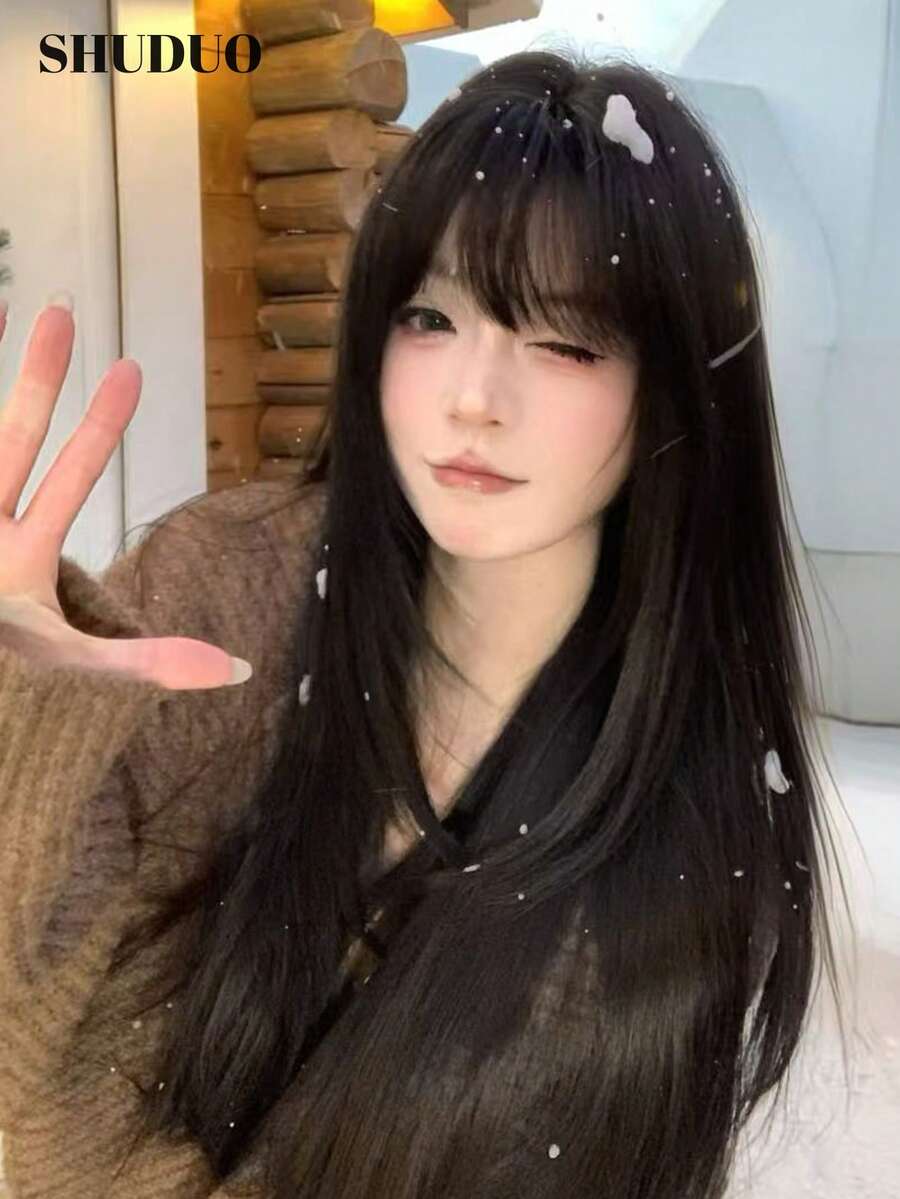 SHUDUO 1 件装黑色棕色合成耐热直发假发，采用纤维制成，适合日常佩戴，自然逼真（不含配件） - Dark Brown - 查看 1