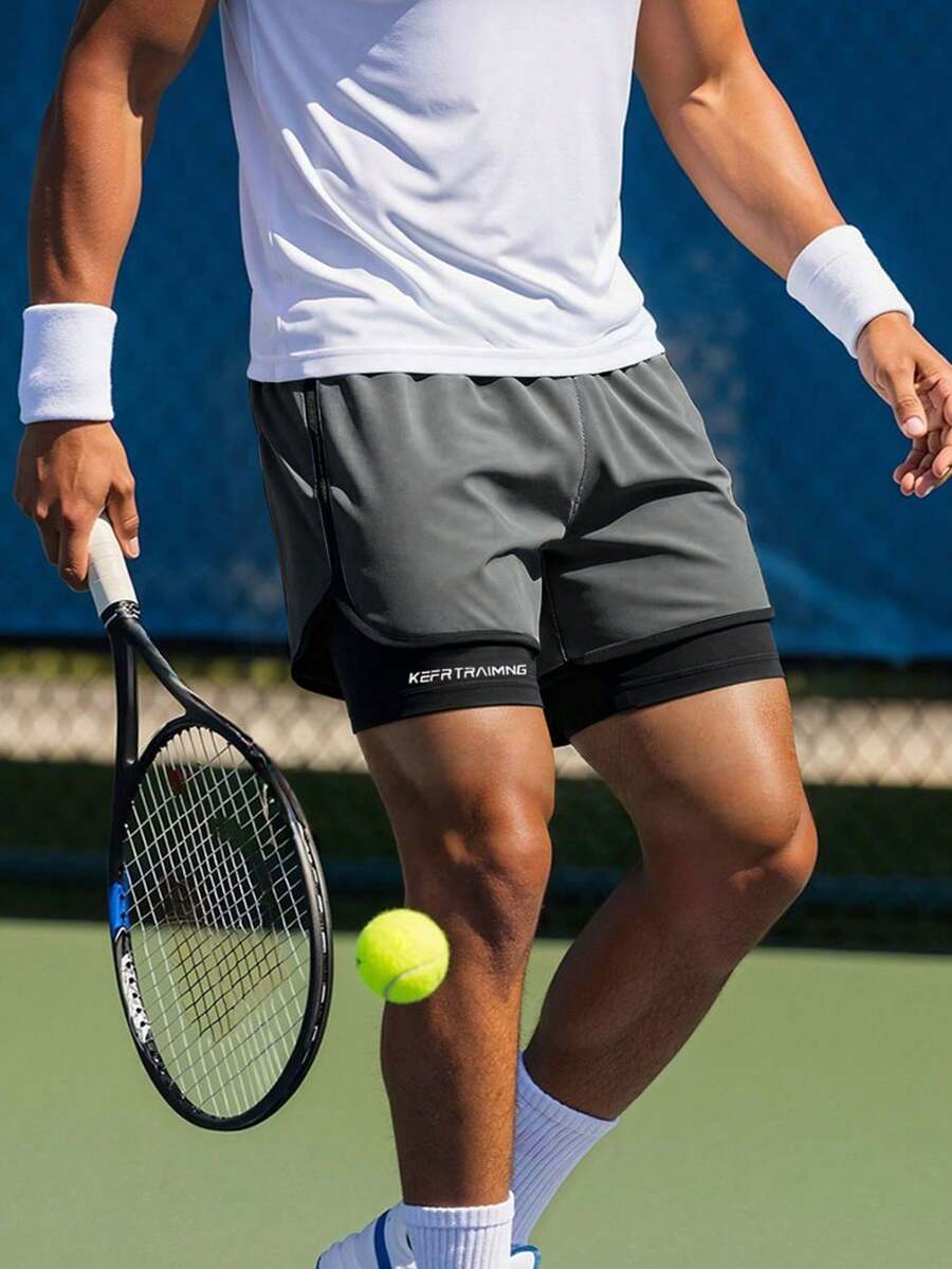 Spring/Summer 1pc Solid Color Sports Shorts, Anti-Chafing, Double Layer Unisex Couple Running/Outdoor Gym Pants - Dark Grey - View 1