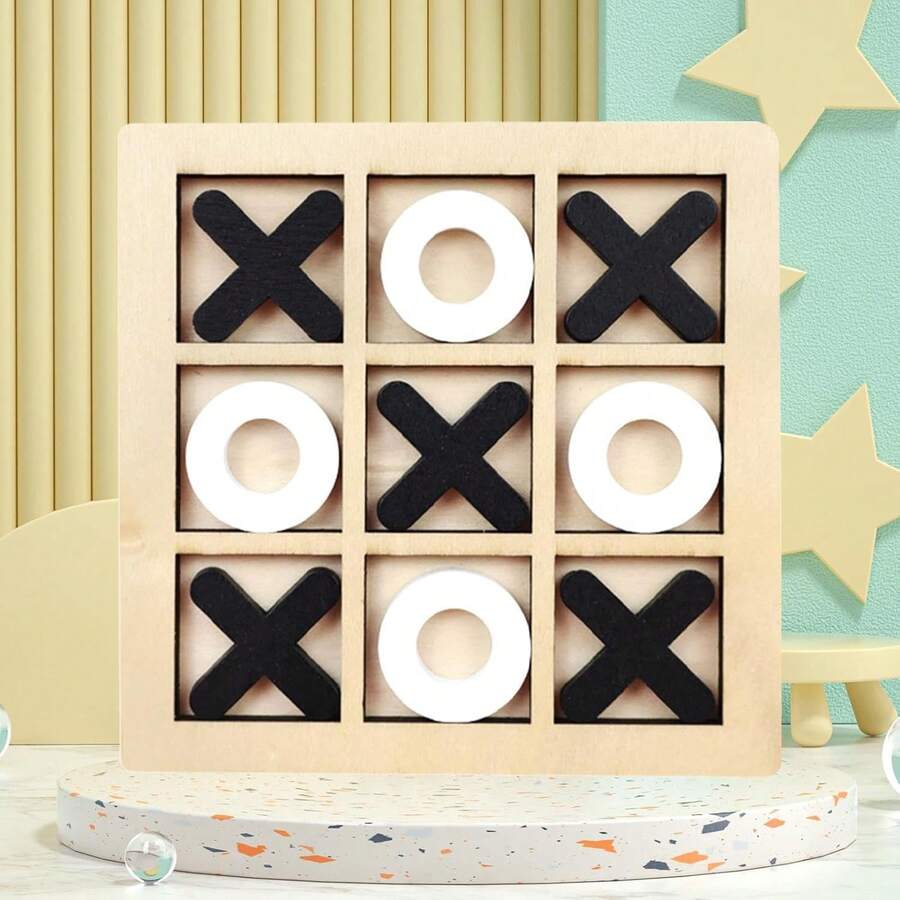 Wooden Tic Tac Toe Game Brain Teaser XOXO Chess Board Tabletop Blocks XO Table Toy For Adults  Family Black White 5.51x5.51x0.20inch - 黑與白 - 查看 1