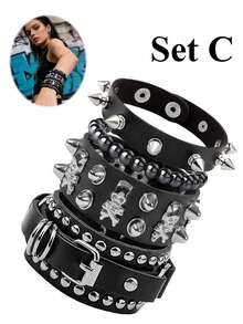 Xiacheng 4pcs PU Leather Rivet Bracelets, Unisex Spiked Punk Rock Grunge Wristbands, Emo Accessory Set, Suitable For 80s 90s Outfits - Black and White - View 11
