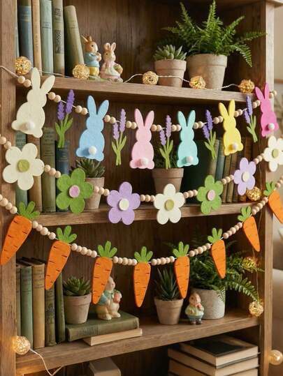 Easter Bunny Carrot Wreath With Wooden Beads, Adorable Bunny Bead Garland Floral Wreath, Colorful Easter Decor, Farmhouse Spring Banner, Lavender Hanging Decoration, Suitable For Fireplace, Windows And Indoor/Outdoor, Multi-Tier Fireplace Decor