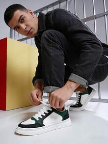 Men's White Green Black Skate Shoes, Chunky Sole Casual Sneakers, Lace-Up Platform Sneakers For Men - Streetwear Gift Idea - 白綠 - 查看 6