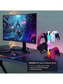 Gaming Controller Stand With Charger | Fits PS/Switch & Headsets | USB/Type-C Charging + 7 LED Lights | ABS Durable Gaming Accessory - Black - View 2
