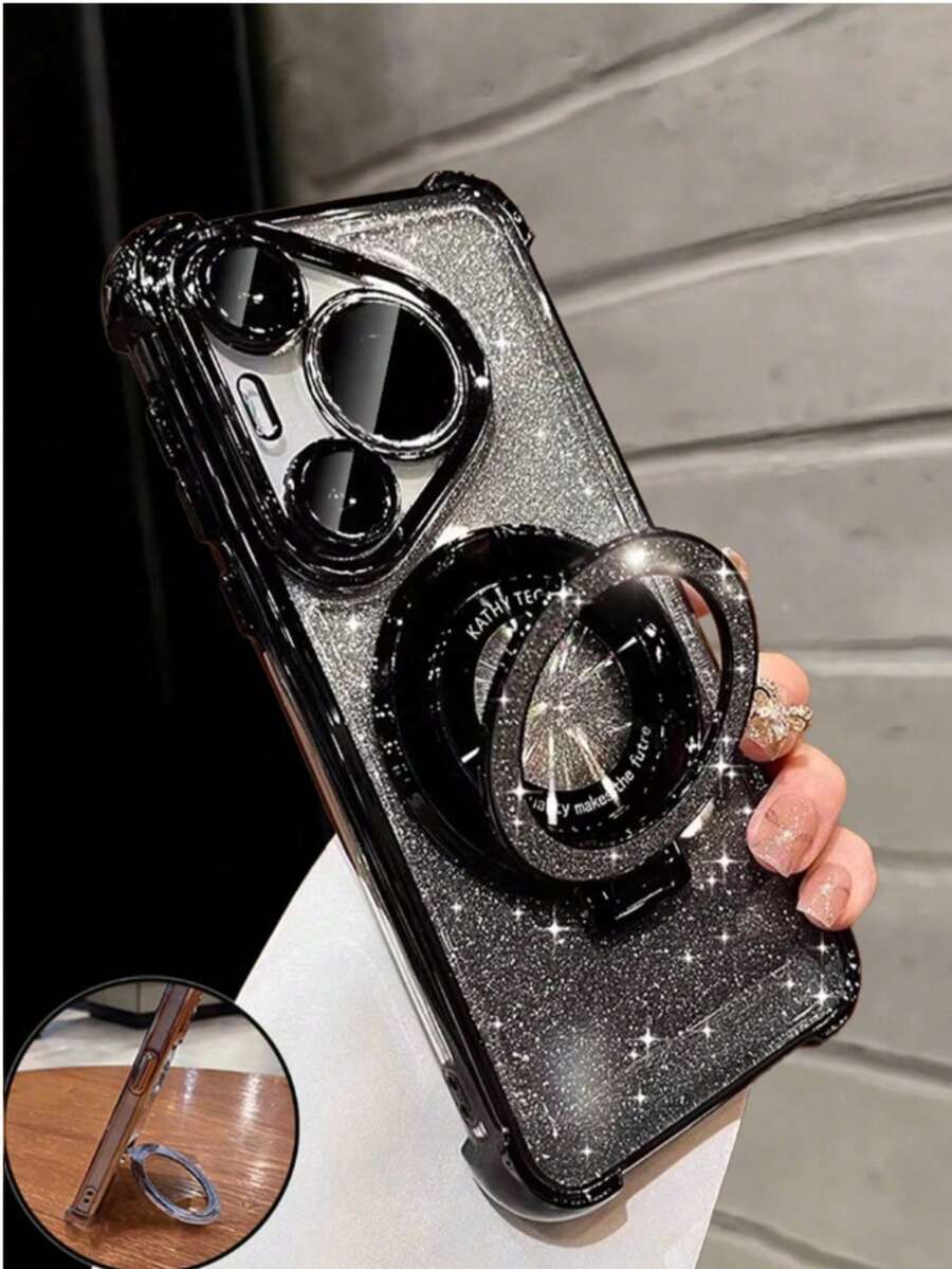 1pc Electroplated Magnetic Holder Shockproof Phone Case, Compatible With IPhone 15 Pro Max, 16 Pro Max, 16 Pro, 14 Pro Max, 14 Pro, 13 Pro Max, Galaxy S21 5G, S21 Ultra, S22, S22 Ultra, S23, S23 Ultra, S24, S24 Ultra 5G, A14, A33 5G, A53 5G, A54 5G, A52, A52s 5G, A15 5G, A13 4G, A22 4G, A22 5G, A34, A23 5G, S25, S25 Ultra, Supports Wireless Charging - Black - View 1