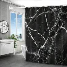 1/4 Piece Waterproof Black Marble Pattern Polyester Shower Curtain Set With C-Shaped Hooks, Woven Texture, Fashionable Theme, Machine Washable, Includes Hanging Hooks Accessories, Bathroom Decor, Bathroom Accessories - Black Marble - View 2