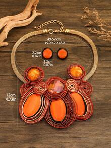 Exaggerated Multi-Layer Handmade Aluminum Wire Woven Resin Chain Bohemian European And American Middle Eastern European Korean Version Evening Party Holiday Women's Fashion Beautiful Retro Teardrop Necklace Earrings - Orange - View 6