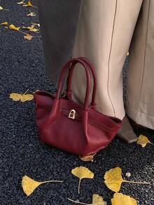 Fashionable & Popular PU Pebble Texture Handbag, Unique European & American Design, Buckle Closure Bucket Bag For Women, Suitable For Street, Commute, Party, Gift-Giving, Autumn/Winter - Burgundy - View 5