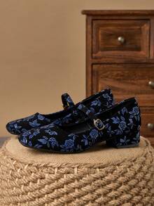 MonaNise 女士3厘米布包跟时尚海军蓝金属酒红色玛丽珍粗跟高档黑色鞋 - 藍色 - 查看 6